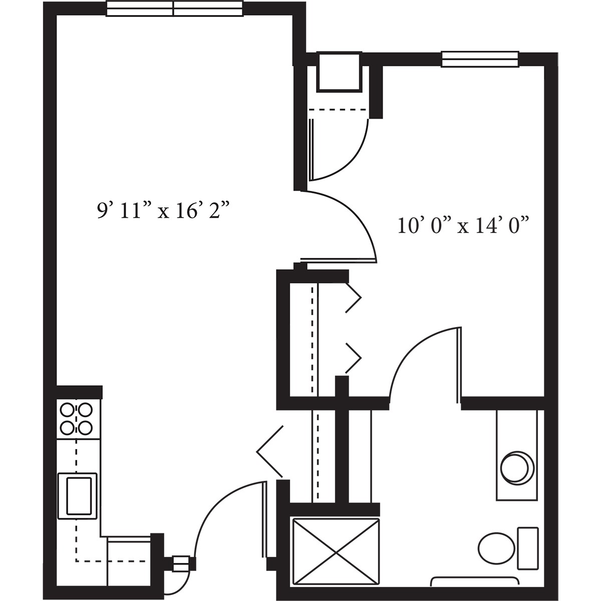 A one-bedroom apartment floor plan with a living room, kitchen, and bathroom.