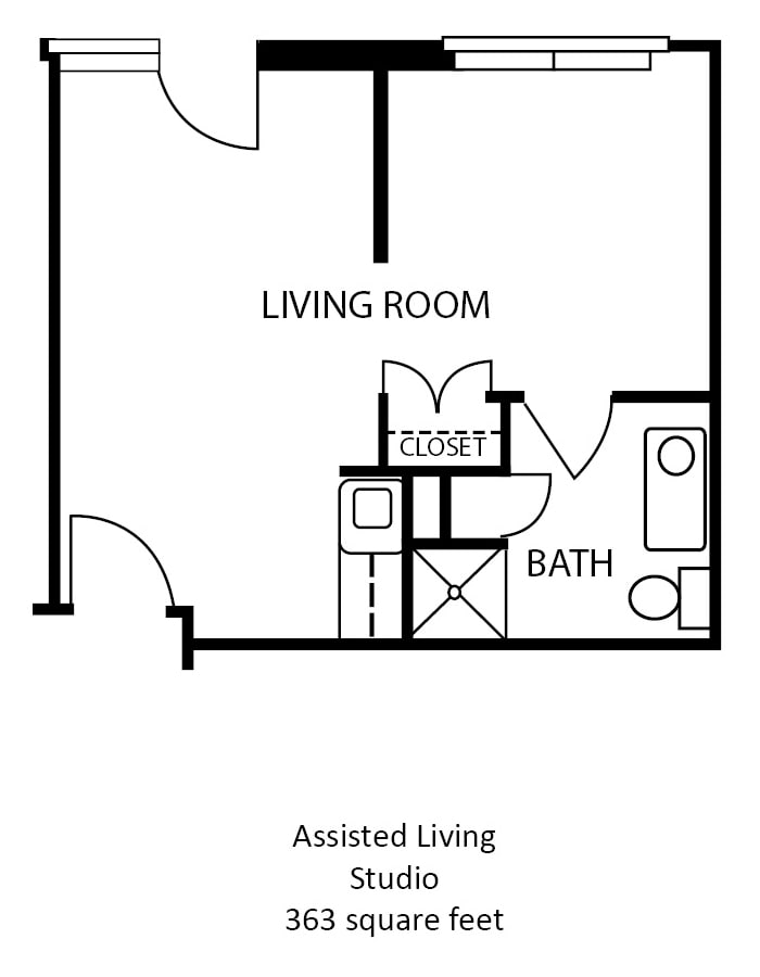 A floor plan of an assisted living apartment with a living room, bathroom, and closet.