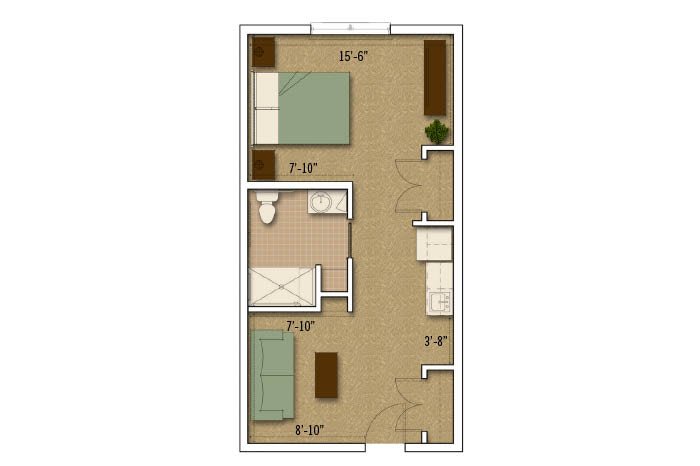This is a floor plan of an apartment featuring a living room, two bedrooms, and a bathroom.