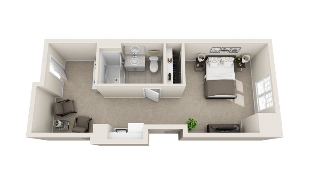 A 3D floor plan of a one-bedroom apartment including a living area, bathroom, and bedroom.