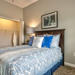 A cozy bedroom with a neatly made bed featuring blue and white patterned bedding, accented with blue pillows. A bedside lamp stands on the nightstand, and a framed picture hangs above the wooden headboard. An open closet is visible in the corner.