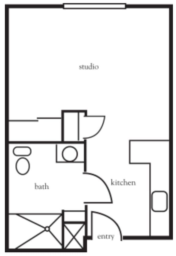 A simple floor plan of a studio apartment with a kitchen and bathroom.