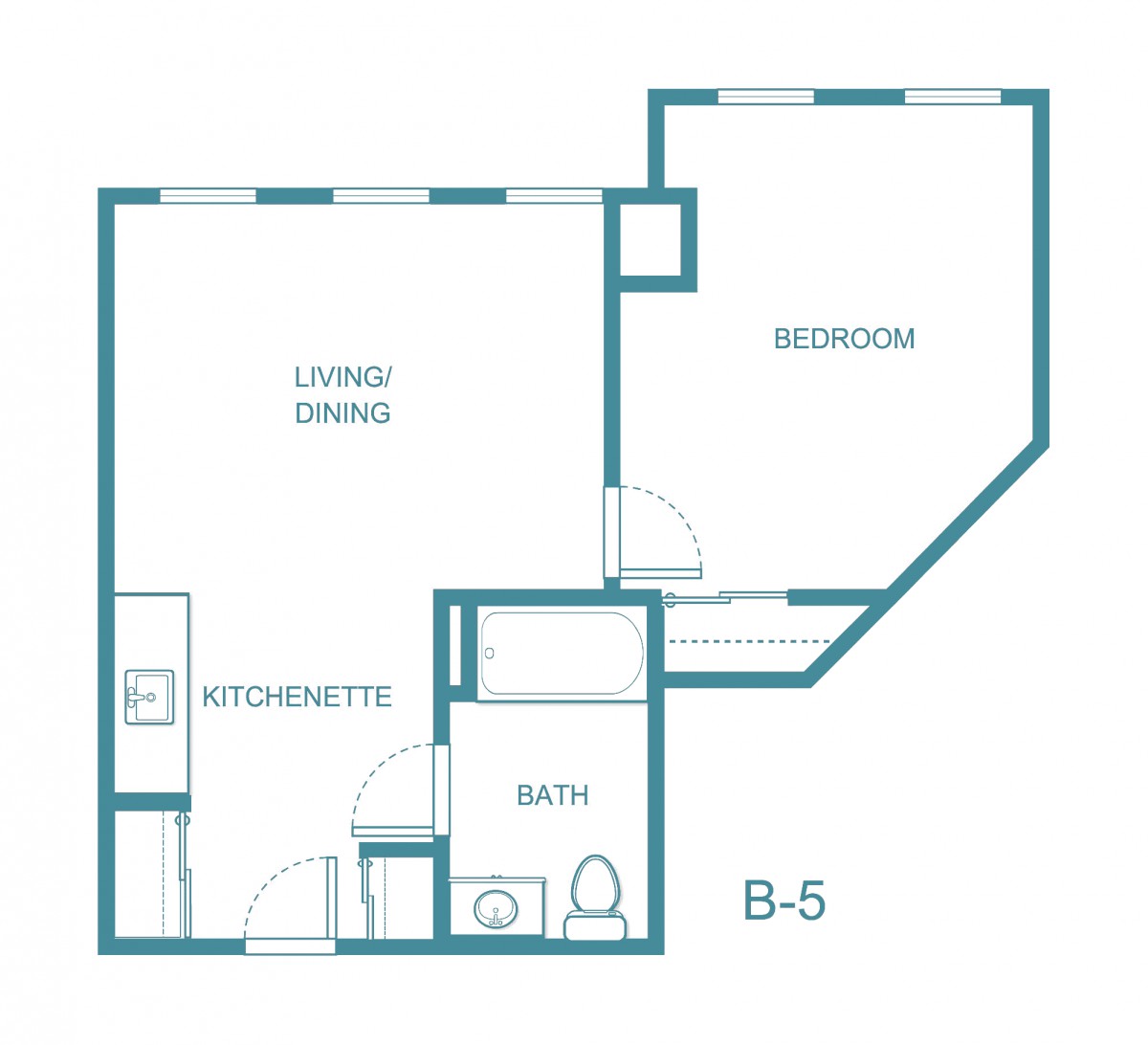 A floor plan of an apartment with a living/dining area, bedroom, kitchenette, and bathroom.