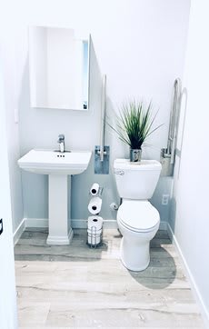 A clean, minimalist bathroom with a sink and toilet, accented by an indoor plant.