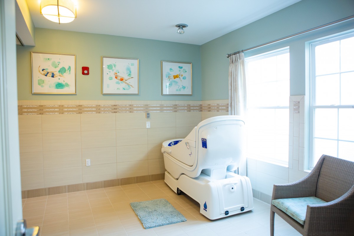 A modern healthcare bathroom featuring a walk-in tub with calming decor and natural light.