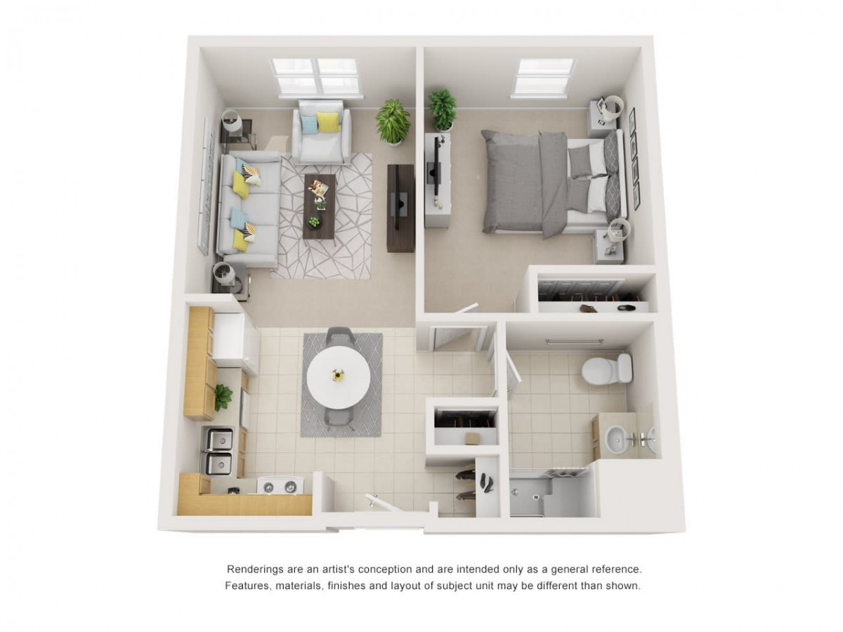 This image shows a 3D floor plan of a modern one-bedroom apartment with a living room, kitchen, and bathroom.