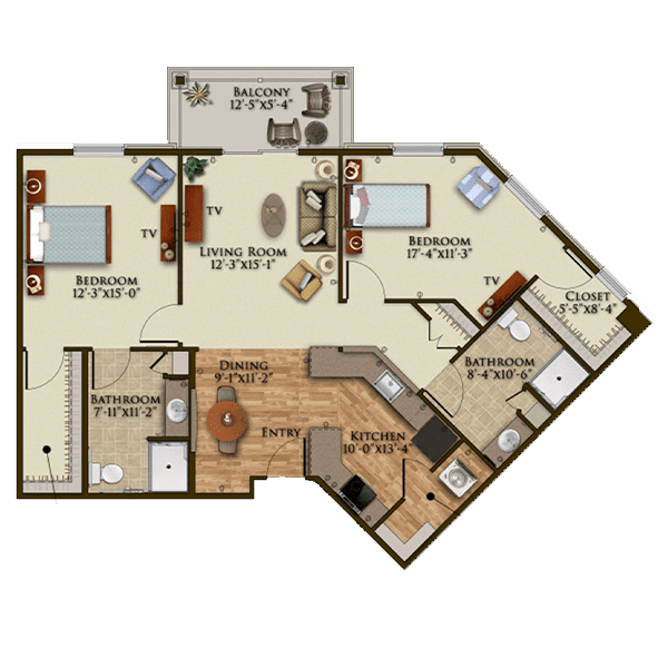A detailed floor plan of a two-bedroom apartment with labeled rooms and dimensions.