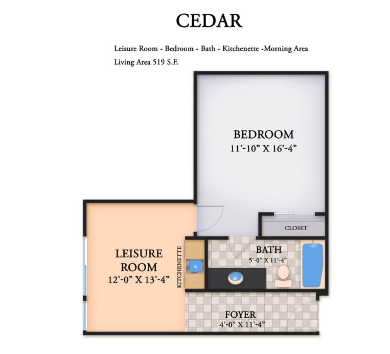 Cedar apartment floor plan featuring one bedroom, a bathroom, a leisure room, and a kitchenette.