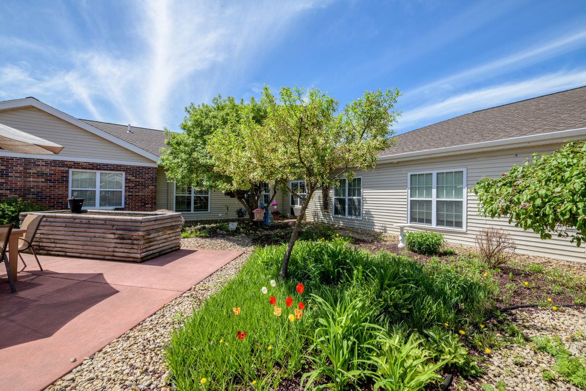 A scenic view of a garden with a tree and flowers in front of a house on a bright day.