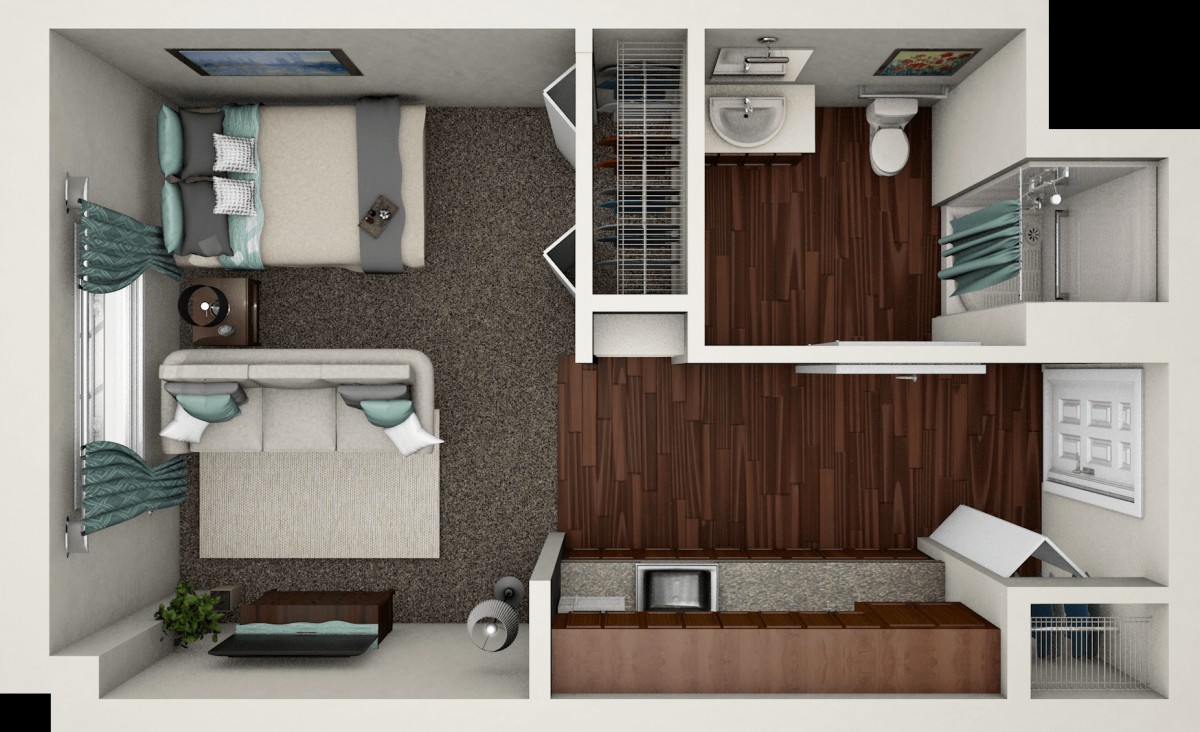 A top-down view of a one-bedroom apartment floor plan, featuring a living room, kitchen, and bathroom.