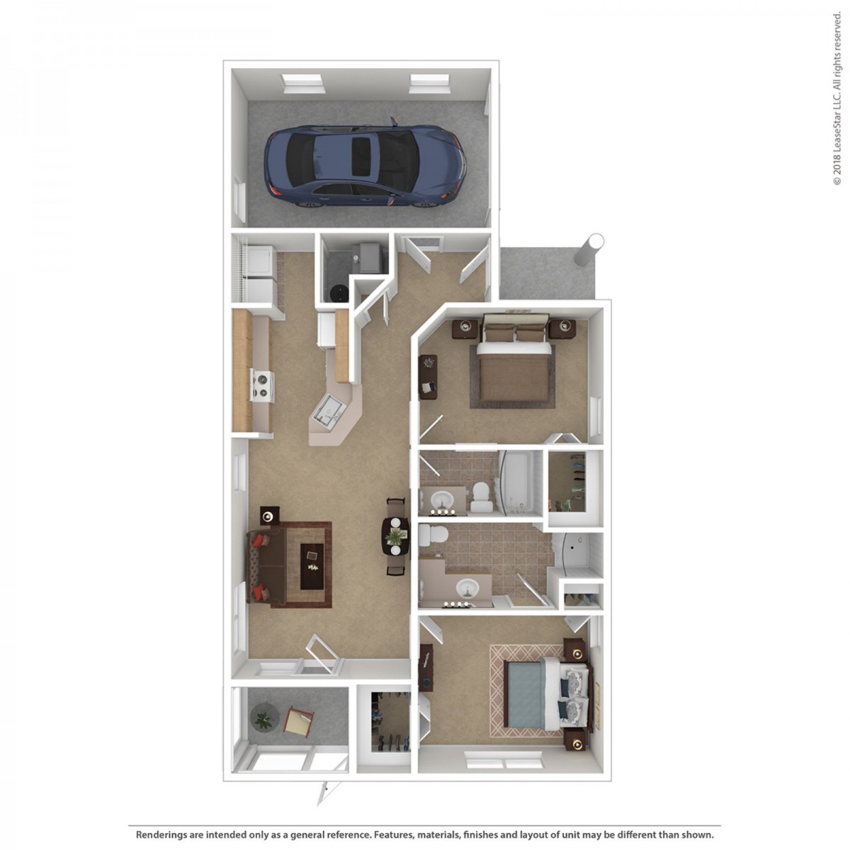 A 3D rendering of a home floor plan featuring a garage, living room, kitchen, and multiple bedrooms.