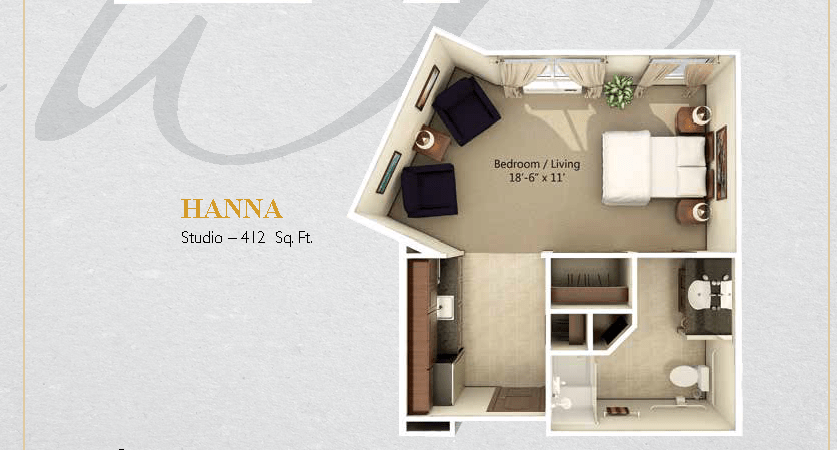 A floor plan of a studio apartment measuring 412 square feet, featuring an open living and bedroom area.