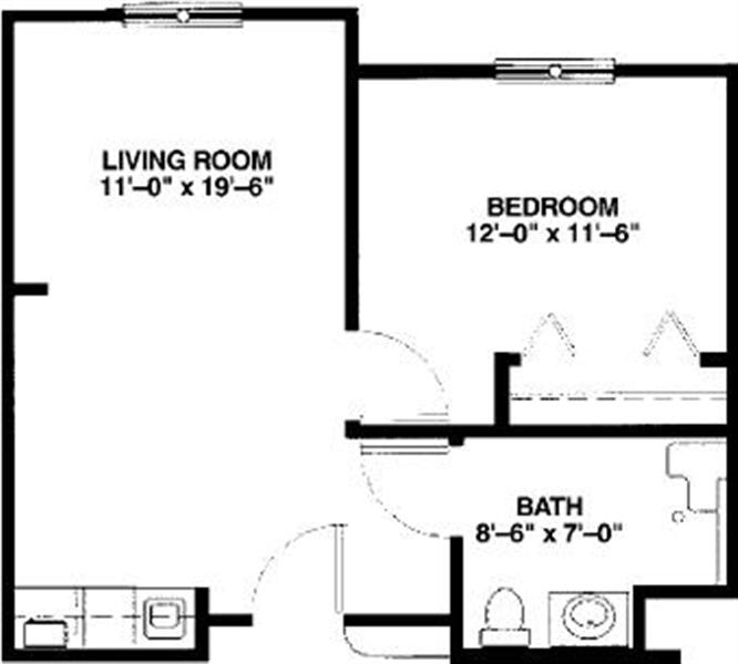 A floor plan showing the layout of an apartment, including a living room, bedroom, and bathroom with their respective dimensions.