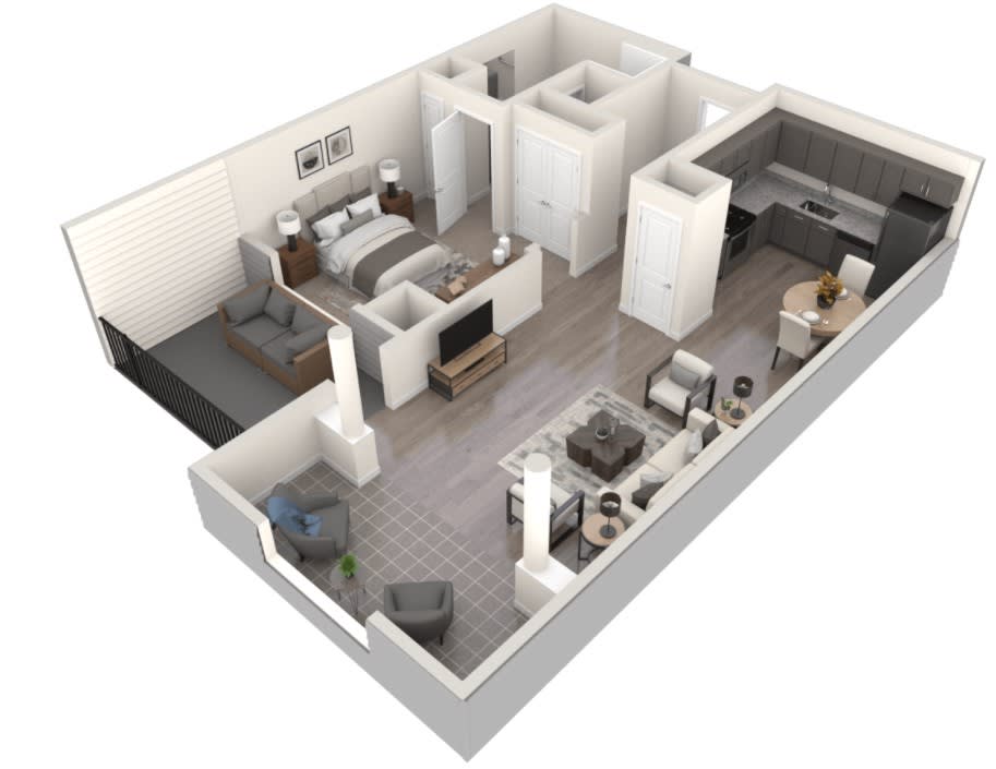 3D rendering of a modern one-bedroom apartment floor plan, showcasing a living room, kitchen, and bathroom.