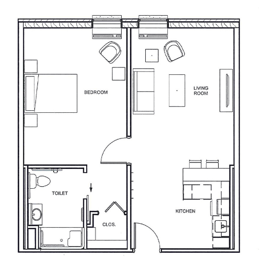 A floor plan of a small apartment with a bedroom, bathroom, kitchen, and living room.