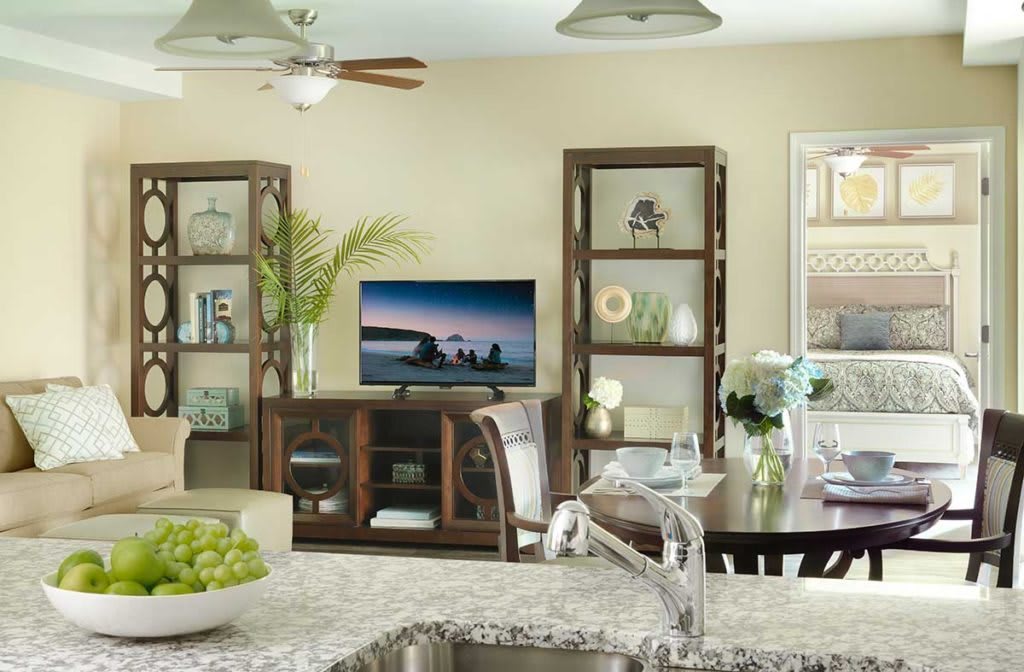 A cozy living room with modern decor and a view from the kitchen counter.