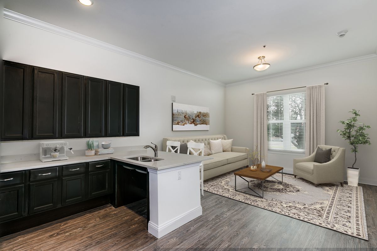 A modern open-concept kitchen and living room with contemporary furniture and wood flooring.