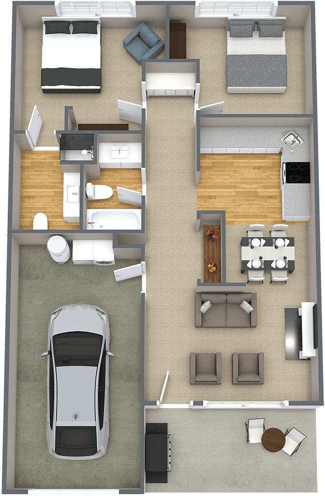 A detailed 3D floor plan showcasing the layout of a single-story house with a garage, living room, kitchen, dining area, and bathrooms.