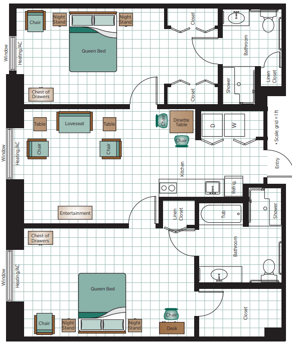 A detailed floor plan showing the layout of an apartment, including bedrooms, bathrooms, and living areas.