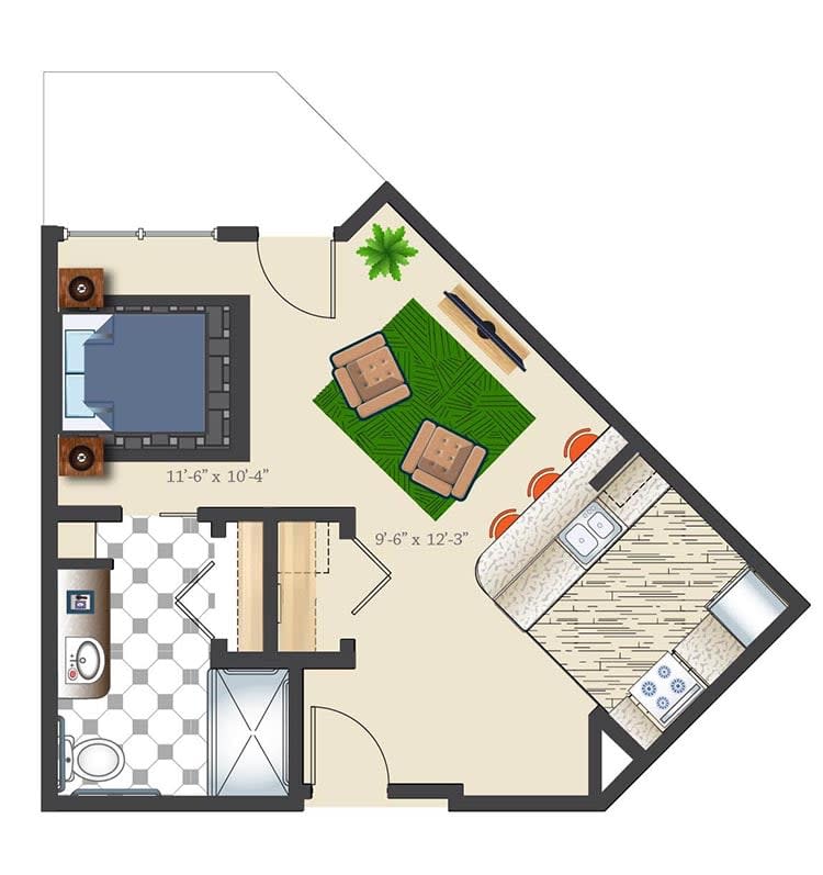 A detailed floor plan showcasing an apartment layout with a bedroom, living room, kitchen, and bathroom.