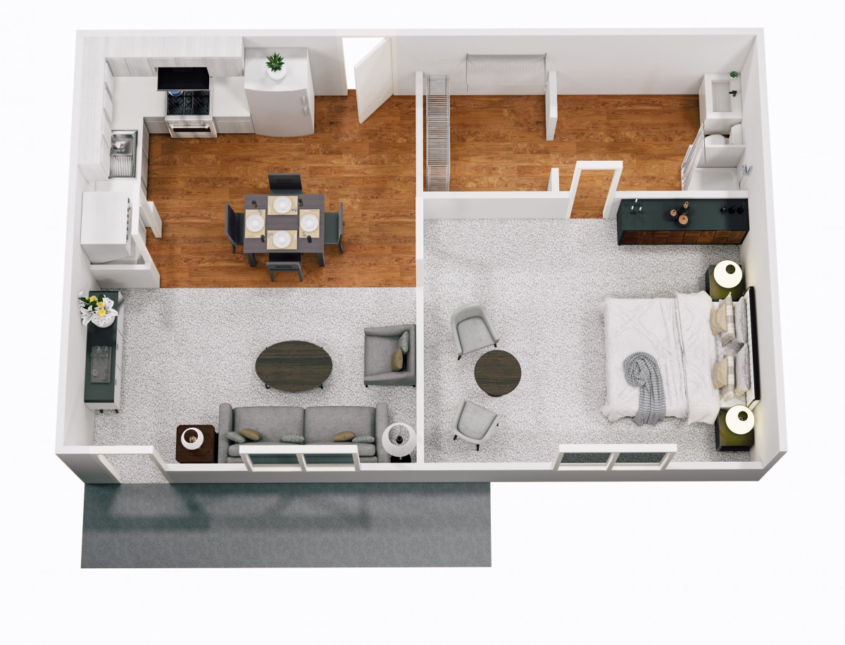 A detailed floor plan of a modern apartment featuring an open living area, kitchen, and bedroom.