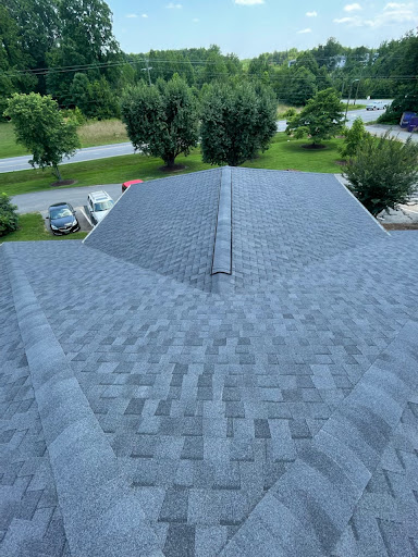 An aerial view of a shingled roof showcasing its structure and surrounding greenery.