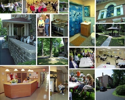 Collage of a retirement home's various facilities and communal activities.