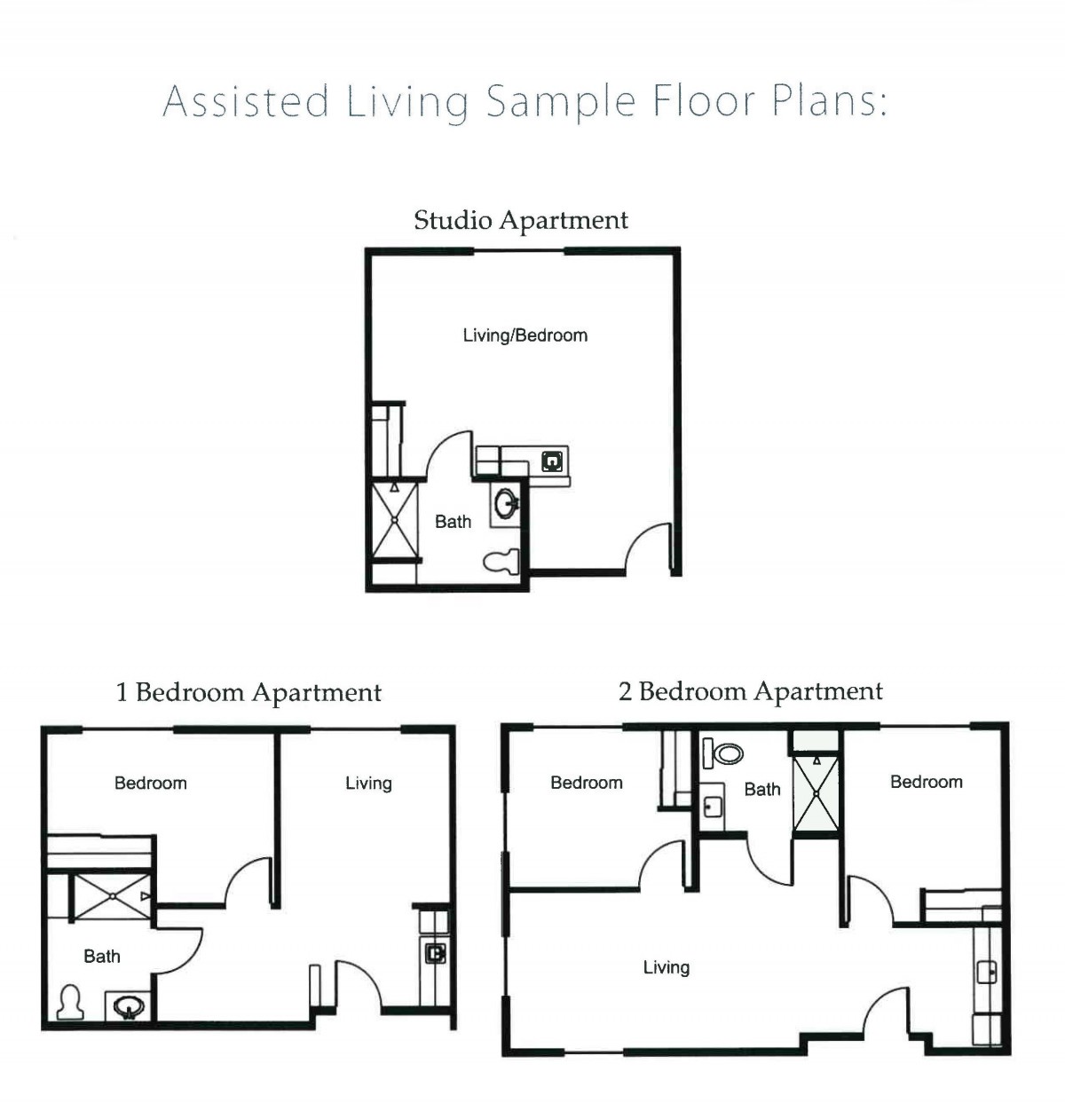 Sample floor plans for assisted living, featuring studio, one-bedroom, and two-bedroom apartments.