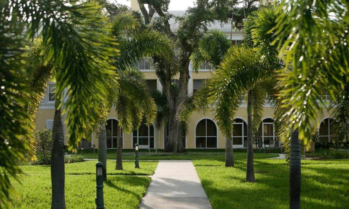 A scenic view of a building surrounded by palm trees and a well-maintained lawn.