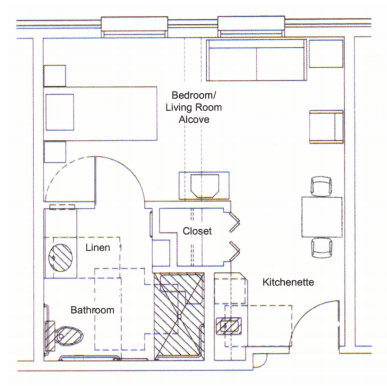 A floor plan of a compact studio apartment featuring an open living area, kitchenette, and a bathroom.