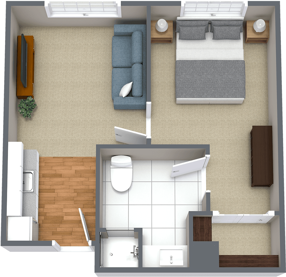 A 3D floor plan of a small apartment featuring a bedroom, living area, bathroom, and kitchen.