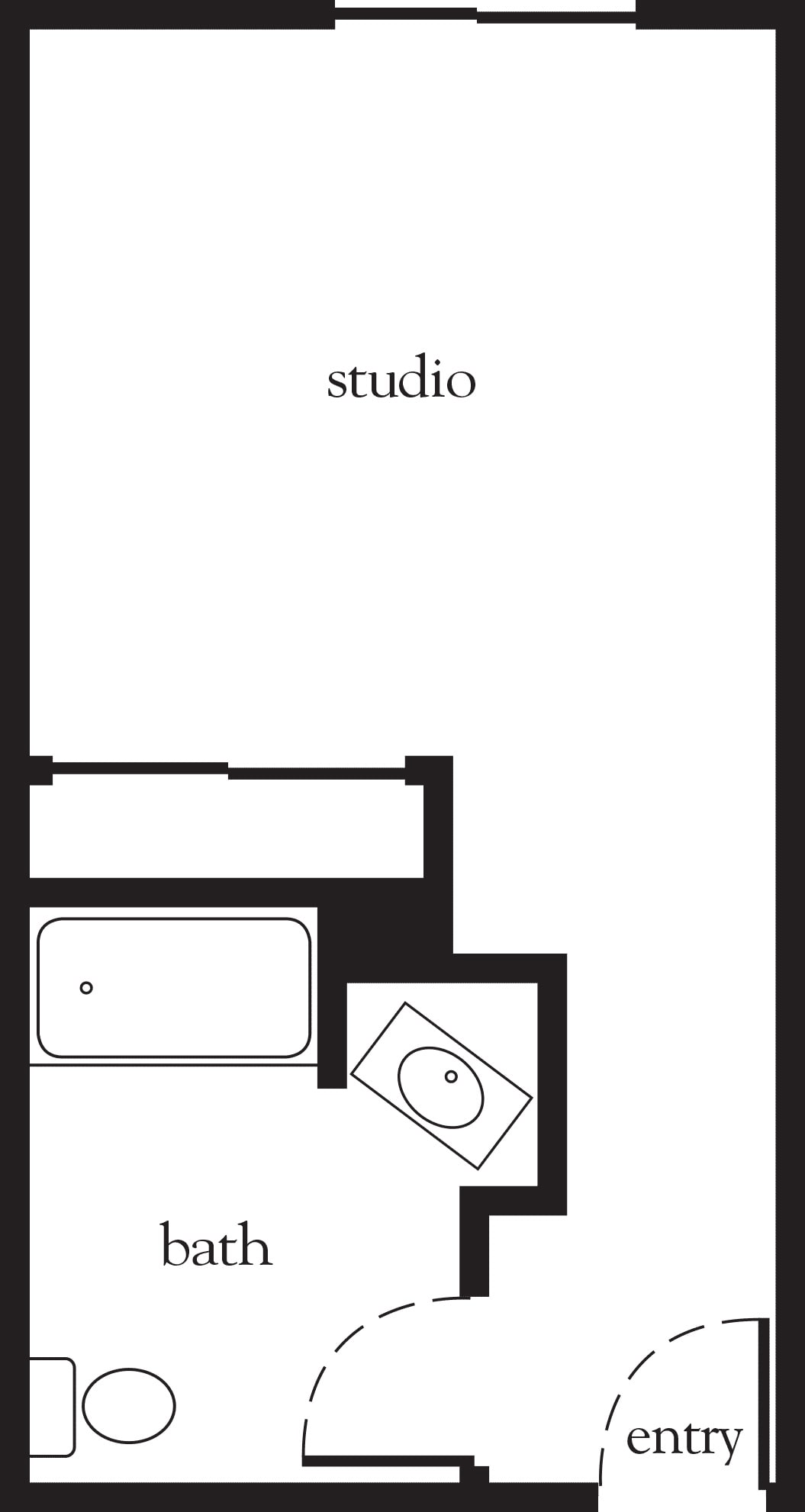 A simple floor plan of a studio apartment with a bathroom.