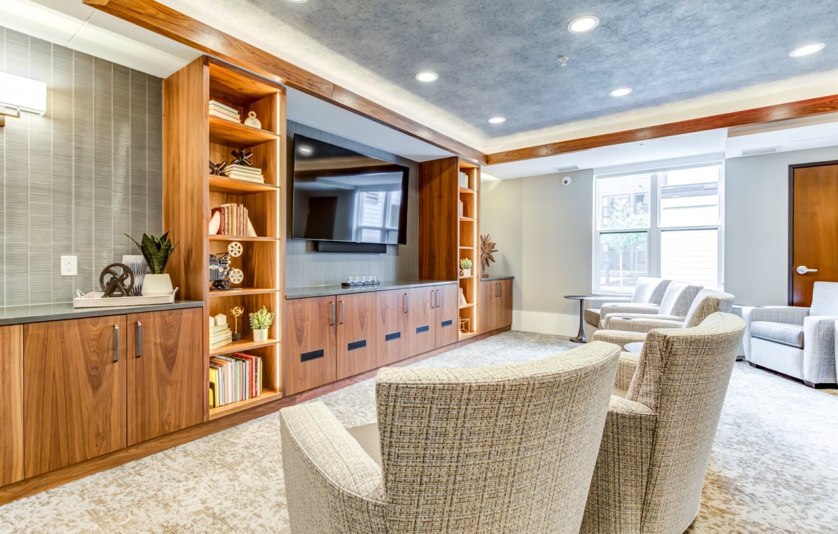 A modern living room with wooden shelves, a large television, and comfortable armchairs basking in natural light.