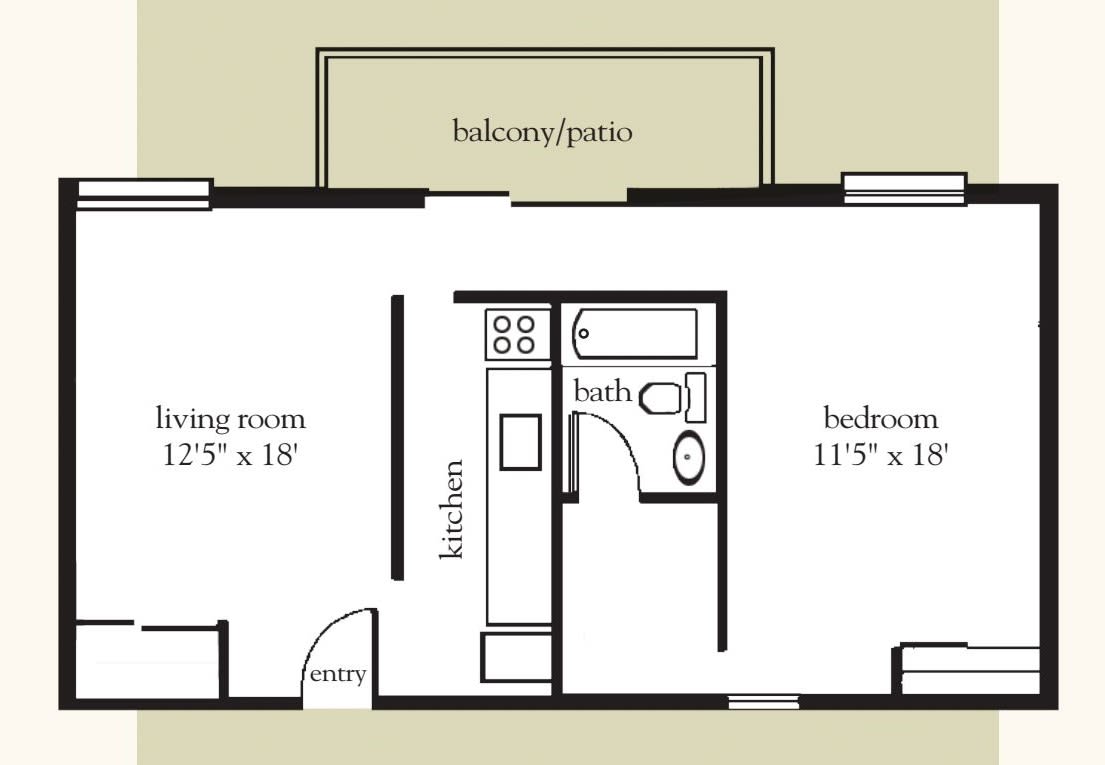 A floor plan of an apartment featuring a living room, bedroom, kitchen, bathroom, and a balcony/patio.