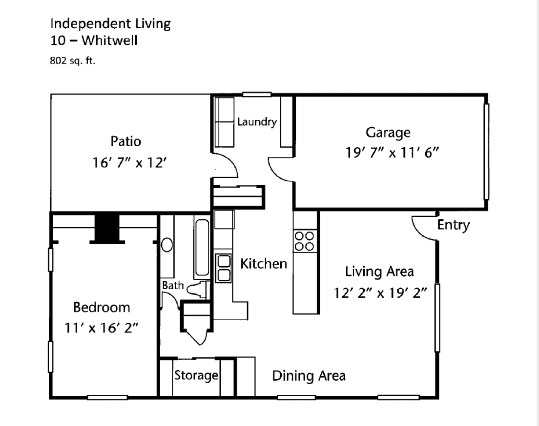 A floor plan showing the layout of a residential living space with labeled rooms including a bedroom, kitchen, living area, dining area, bathroom, garage, and patio.