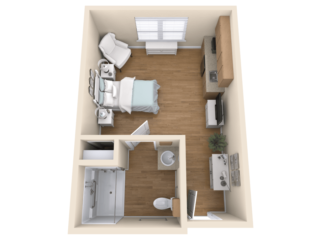 A 3D floor plan of a small studio apartment featuring a single bed, bathroom, and a compact living area.