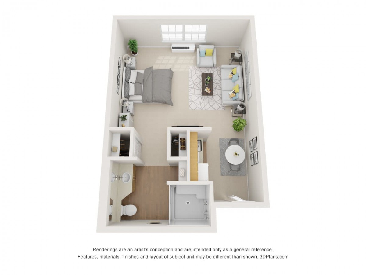 A 3D floor plan of a one-bedroom apartment with a combined living area and kitchen.