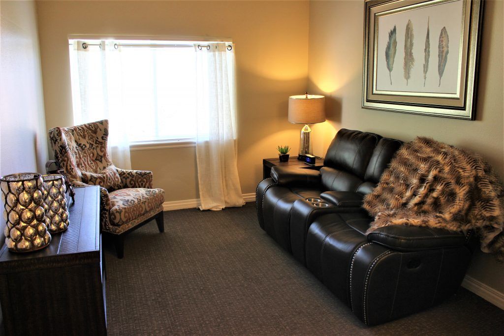A cozy living room with a leather sofa, armchair, lamp, and decorative elements.