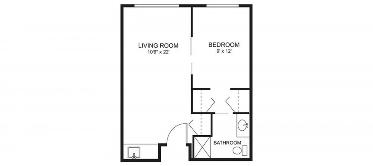 A simple floor plan showing a one-bedroom apartment with a living room and bathroom.