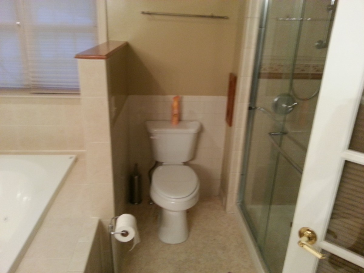 A bathroom with a toilet, shower, and bathtub.