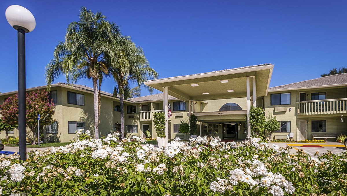 A sunny view of a building entrance surrounded by flowers and palm trees.