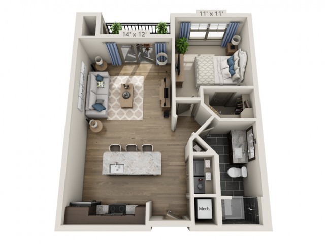 A modern one-bedroom apartment floor plan with an open living area, kitchen, bathroom, and balcony.