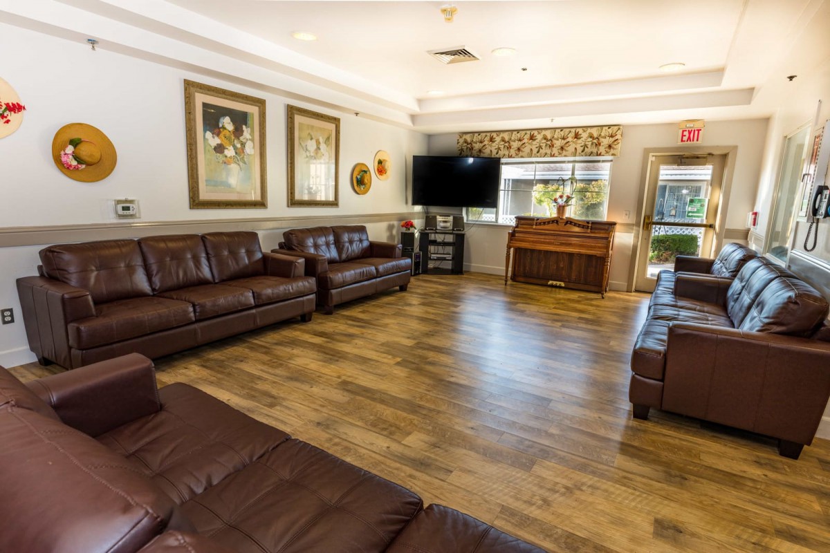 A spacious living room with leather sofas, wooden flooring, paintings on the wall, and a television in the corner.