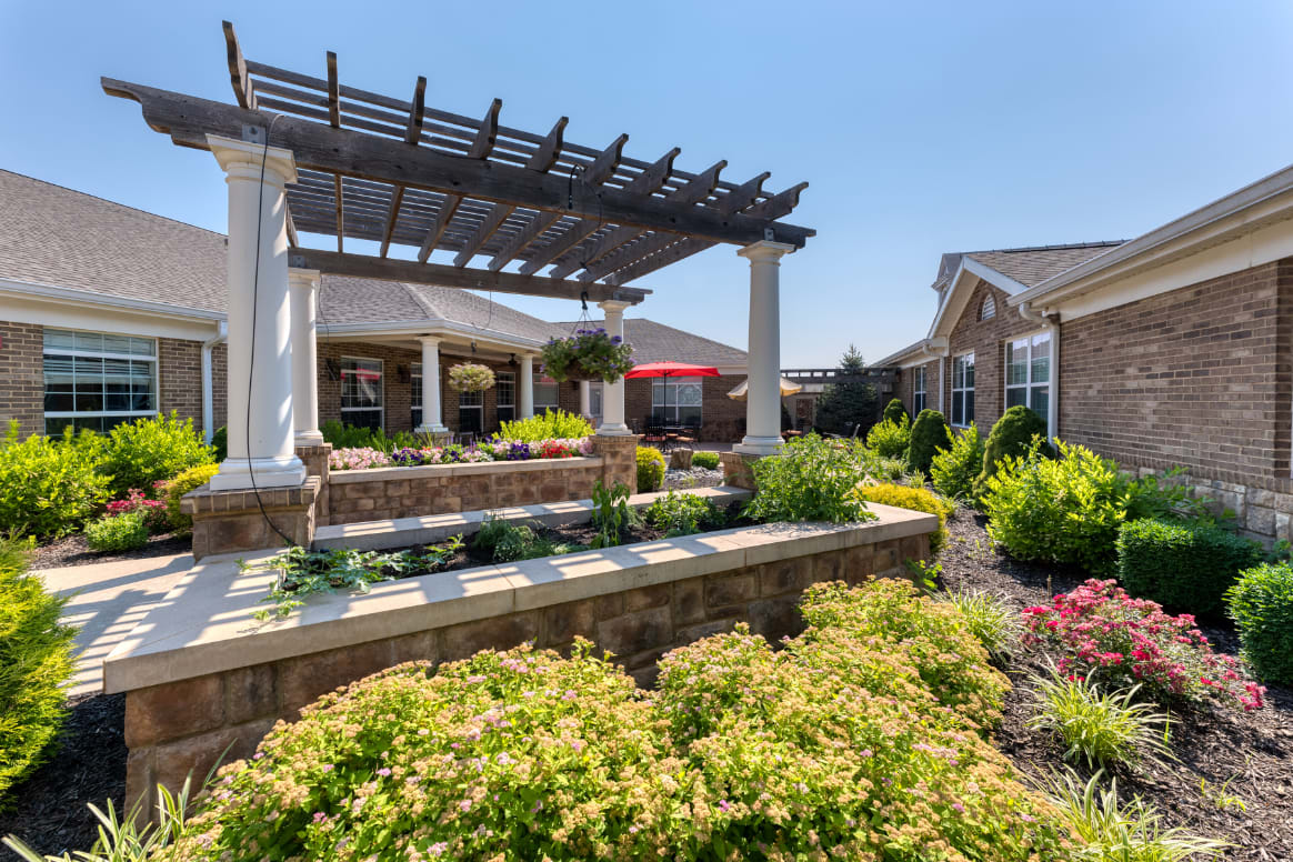 Beautiful garden patio with a pergola and vibrant landscaping on a sunny day.