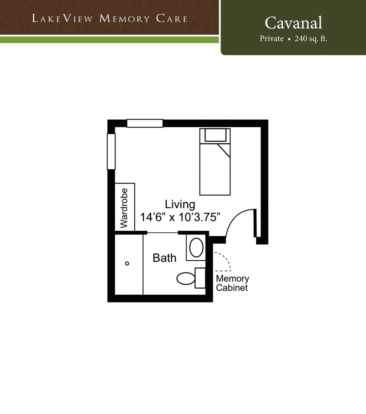Studio apartment floor plan with living area and bathroom.