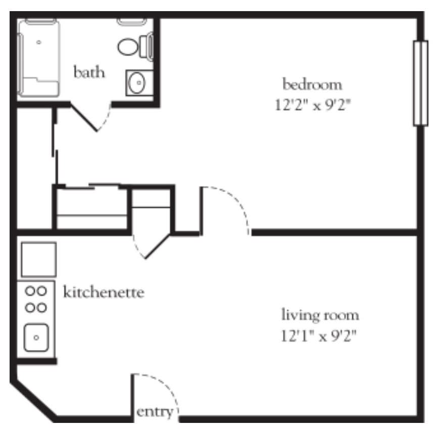 A one-bedroom apartment floor plan featuring a kitchenette, living room, and bathroom.