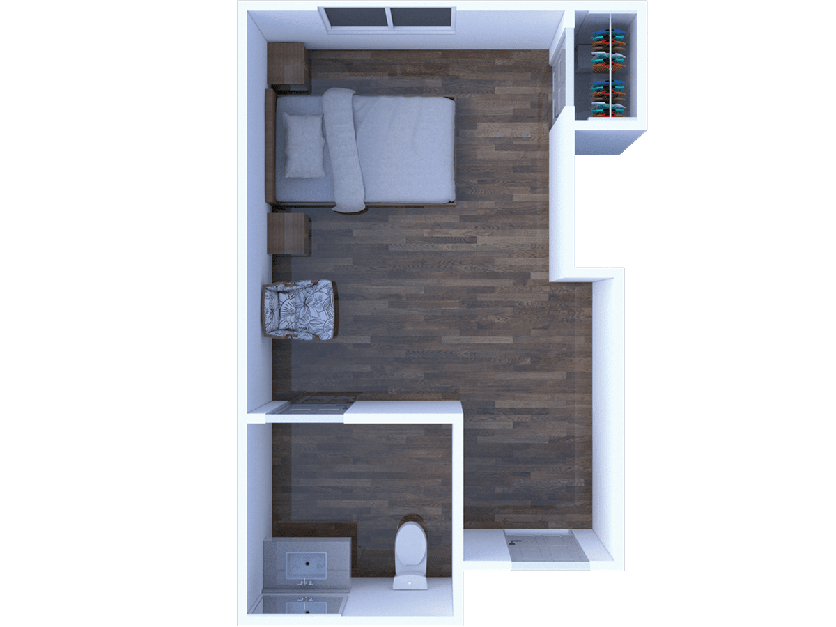 A 3D model of a compact bedroom with an attached bathroom and closet.
