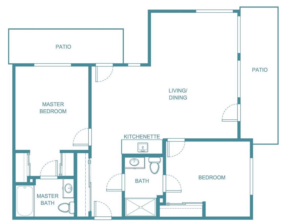 Blueprint of an apartment showing the layout of rooms including a master bedroom, bathroom, kitchen, and living/dining area.
