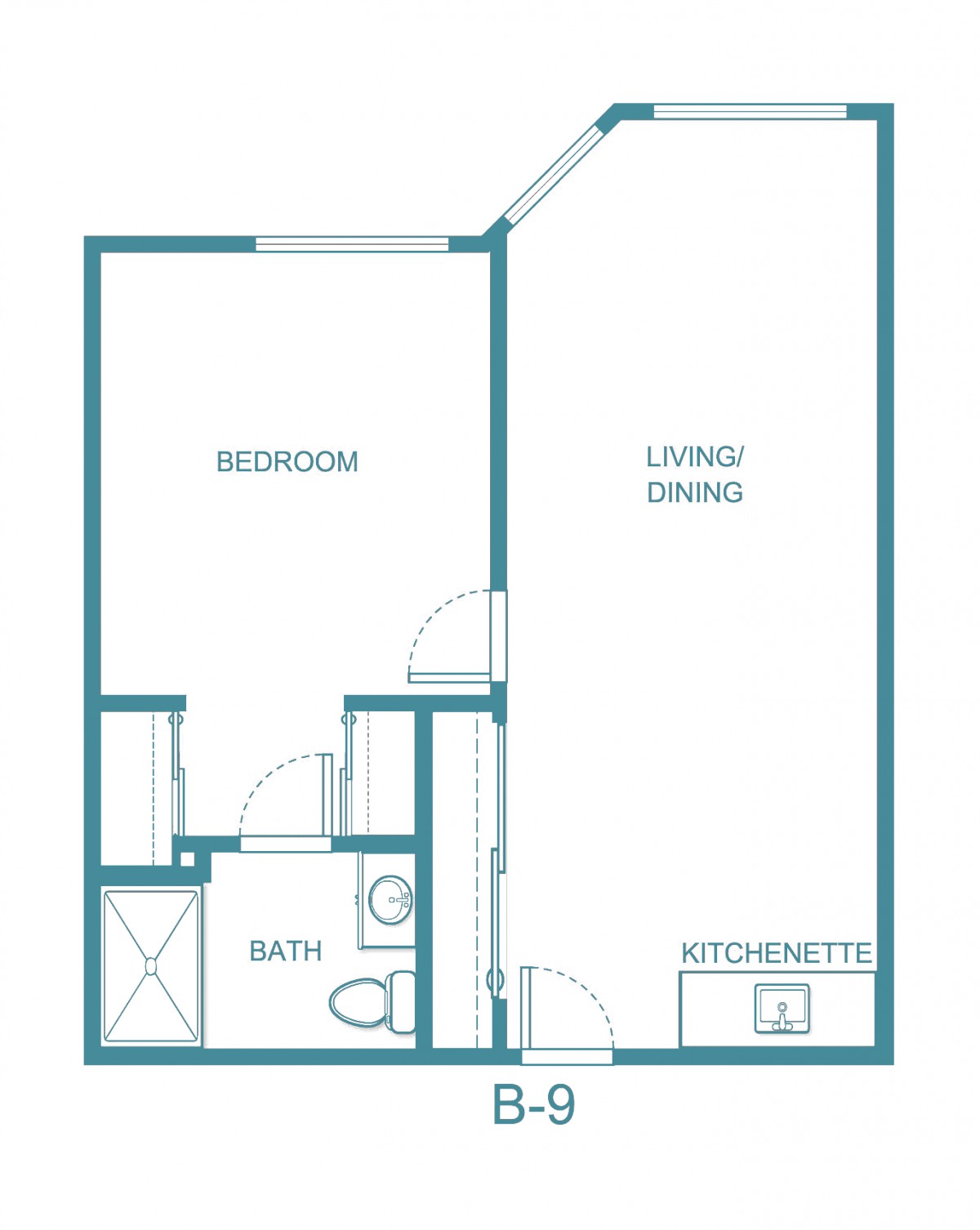 A simple floor plan showing a one-bedroom apartment with a bathroom, living area, and kitchenette.