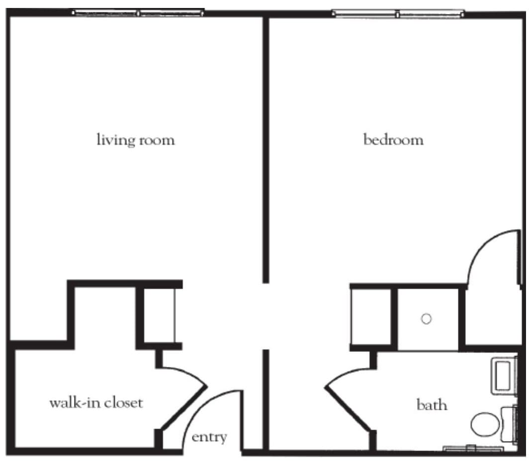 A simple one-bedroom apartment floor plan with a living room, bedroom, walk-in closet, and bathroom.